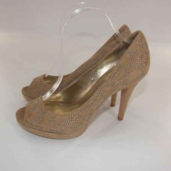 Antonio Melani Leather Suede Studded Elegant Brown Peep-Toe Heels Size 8.5 - Picture 5 of 11